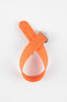 Bright orange ribbed nylon watch strap displayed looped on a light grey background, featuring a textured woven surface and a brushed silver deployant clasp with an engraved logo. The strap includes an orange reinforced section with evenly spaced adjustment holes, highlighting its bold color and durable construction.