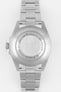 Close-up of the back of a stainless steel Rolex Sea-Dweller watch showing the engraved caseback reading “Rolex Oyster Sea-Dweller – Original Gas Escape Valve” with the metal bracelet attached.