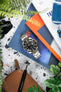Stainless steel Rolex Sea-Dweller watch with black dial placed on colorful magazines and surrounded by everyday items, including a leather pouch, tool, earbuds, and green plants.
