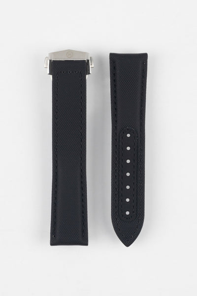 Two black textured watch strap pieces displayed side by side on a light grey background, one with a silver clasp attached and the other with adjustment holes along the length.