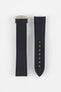 Two black textured watch strap pieces displayed side by side on a light grey background, one with a silver clasp attached and the other with adjustment holes along the length.