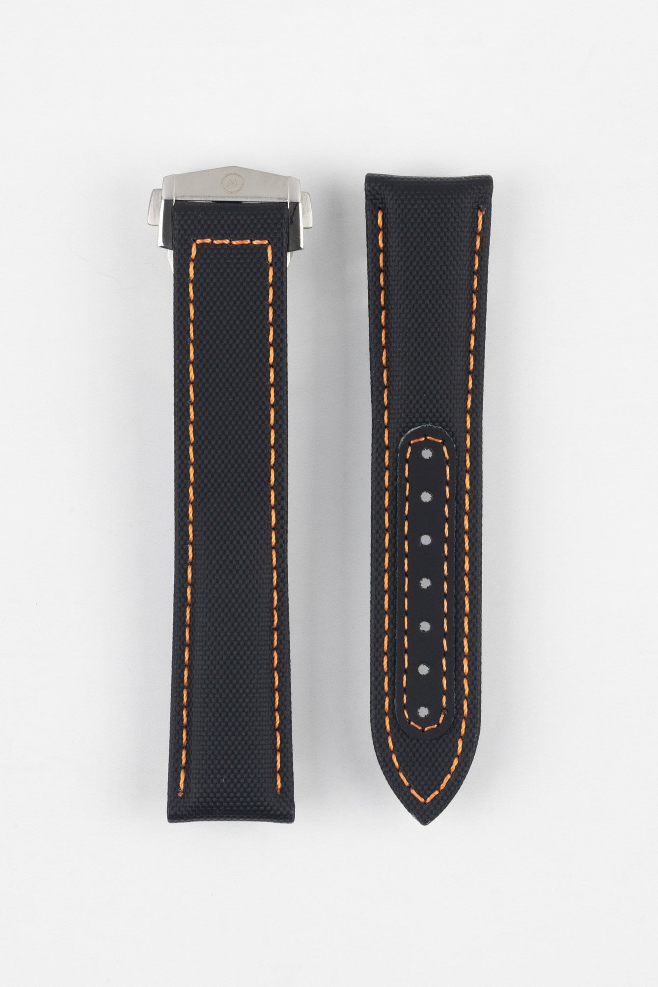 Two black textured watch strap pieces with orange contrast stitching displayed side by side on a light grey background; one strap is attached to a brushed silver deployant clasp with an engraved logo, while the other features a row of adjustment holes.