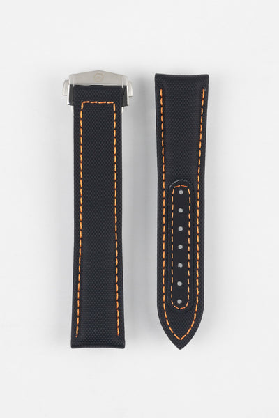 Two black textured watch strap pieces with orange contrast stitching displayed side by side on a light grey background; one strap is attached to a brushed silver deployant clasp with an engraved logo, while the other features a row of adjustment holes.