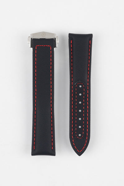 Two black textured watch strap pieces with red contrast stitching displayed side by side on a light grey background; one strap is attached to a brushed silver deployant clasp with an engraved logo, while the other features a row of adjustment holes.