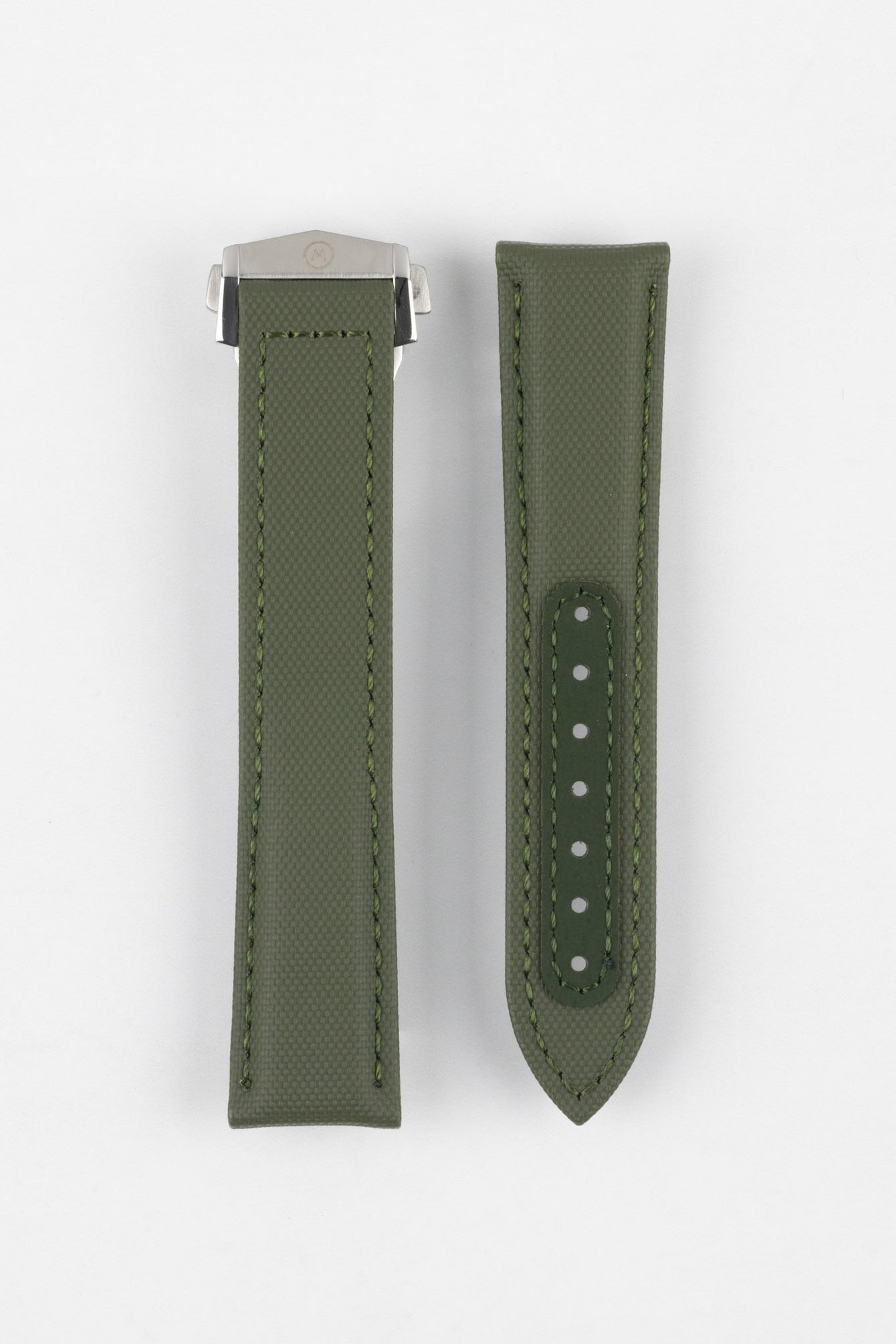 Two green textured watch strap pieces displayed vertically on a light grey background, featuring matching green stitching; one strap is fitted with a brushed silver deployant clasp with an engraved logo, while the other shows a series of adjustment holes along the center.