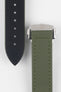 Close-up of an green textured watch strap with matching green stitching, showing one section with evenly spaced adjustment holes and the other attached to a brushed silver deployant clasp with an engraved logo, set against a light grey background.