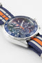 TAG Heuer Formula 1 Gulf Edition chronograph with a blue, white, and orange NATO strap shown in a close-up macro photograph on a white background.