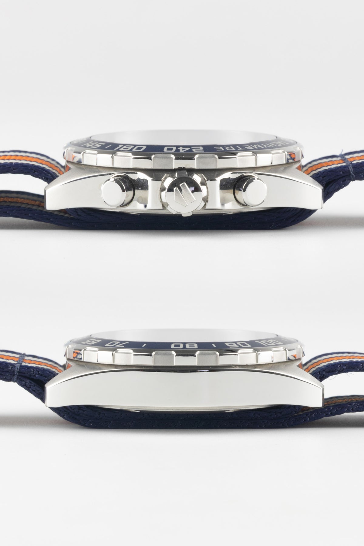 Side profile of the TAG Heuer Formula 1 Gulf Edition chronograph with a blue, white, and orange NATO strap displayed on a white background.