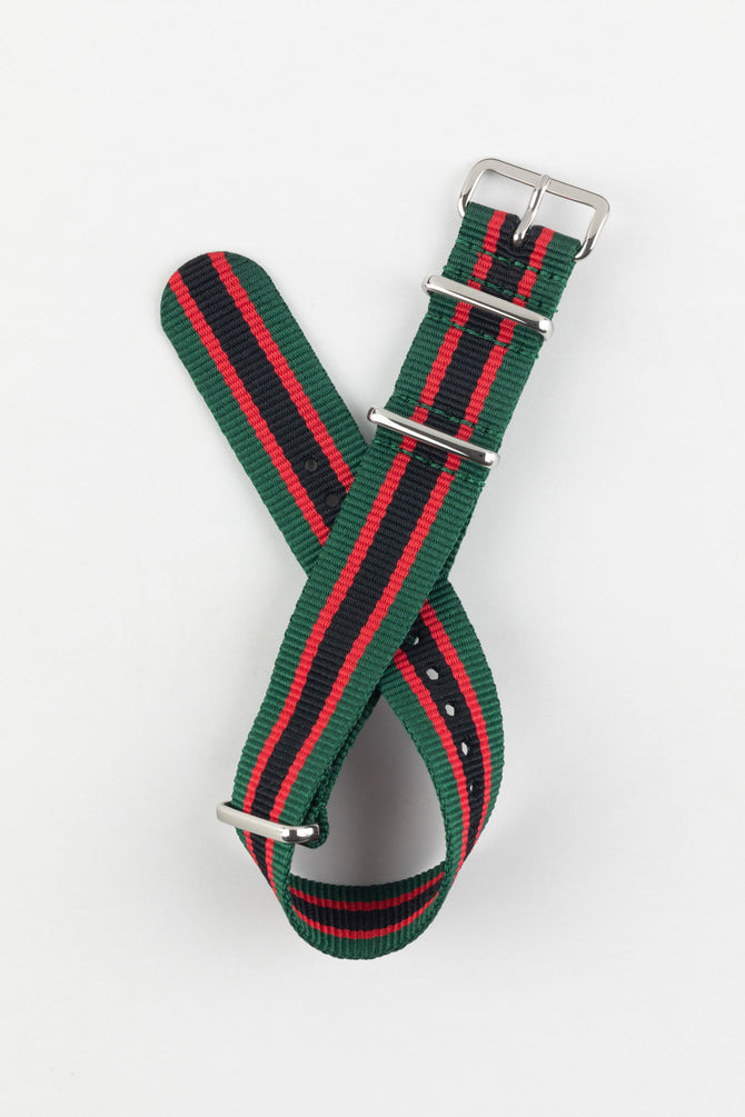 Nylon Watch Strap in GREEN / RED / BLACK Stripes with Polished Buckle & Keepers