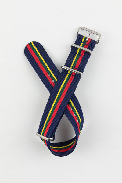 Nylon Watch Strap in BLUE / RED / GREEN / YELLOW Stripes with Polished Buckle & Keepers