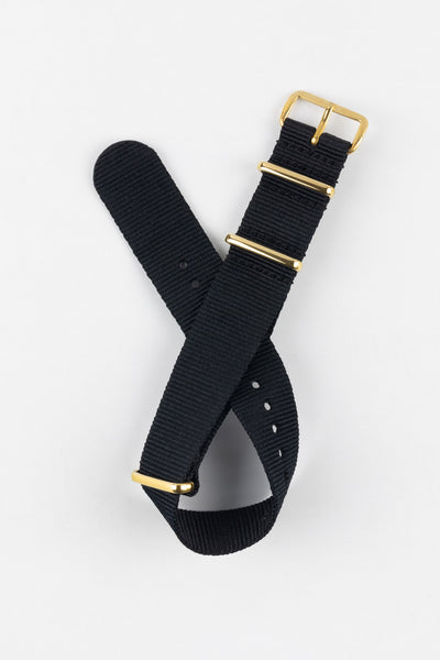 Nylon Watch Strap in BLACK with Gold Buckle and Keepers