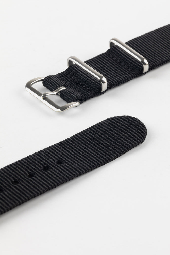 Nylon Watch Strap in BLACK with Polished Buckle and Keepers