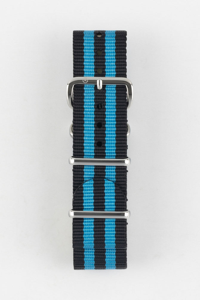 Nylon Watch Strap in BLACK with BLUE Stripes