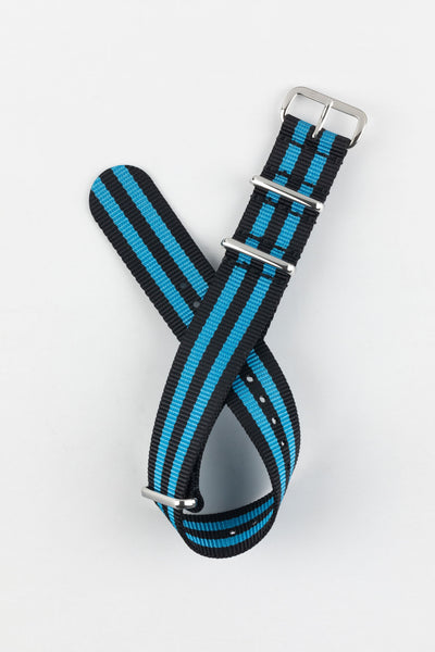 Nylon Watch Strap in BLACK with BLUE Stripes