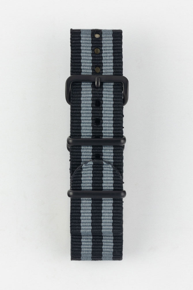 Nylon Watch Strap in BLACK / GREY Stripes with PVD Buckle & Keepers