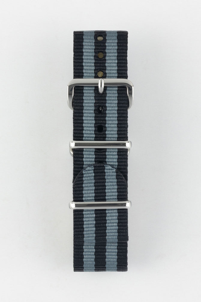 Nylon Watch Strap in BLACK / GREY Stripes with Polished Buckle & Keepers