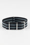 Nylon Watch Strap in BLACK / GREY Stripes with Polished Buckle & Keepers