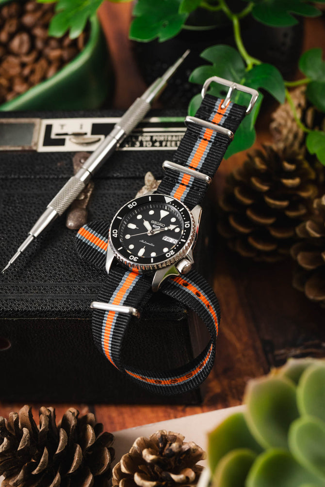 Nylon Watch Strap in BLACK/GREY/ORANGE with Polished Buckle and Keepers