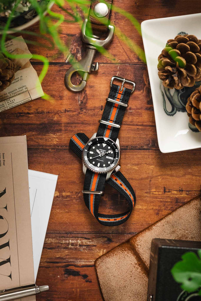 Nylon Watch Strap in BLACK/GREY/ORANGE with Polished Buckle and Keepers