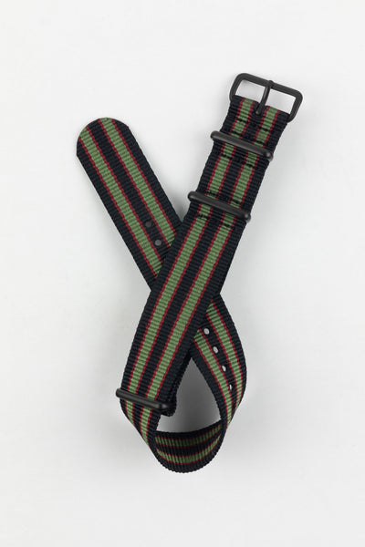Nylon Watch Strap in BLACK/OLIVE/RED with PVD Buckle and Keepers