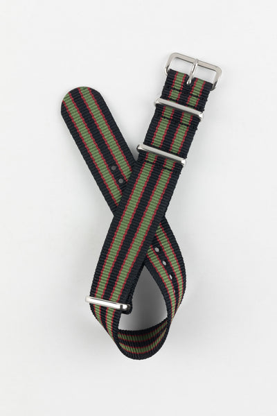 Nylon Watch Strap in BLACK/OLIVE/RED with Polished Buckle and Keepers