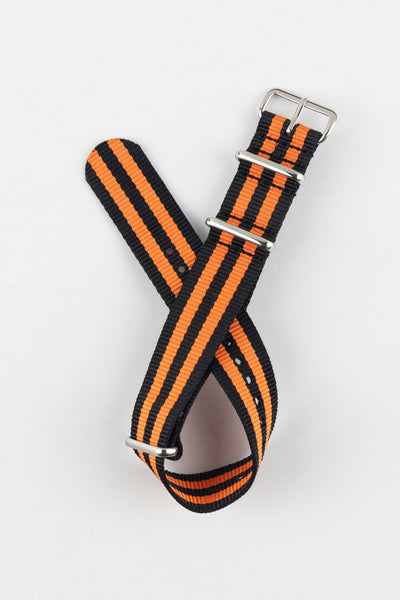 Nylon Watch Strap in BLACK with Double ORANGE Stripes