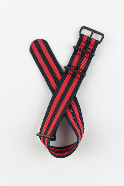 Nylon Watch Strap in BLACK / RED Stripes with PVD Buckle & Keepers