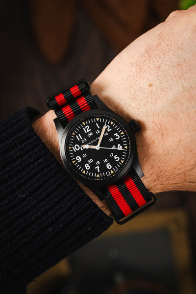 Nylon Watch Strap in BLACK / RED Stripes with PVD Buckle & Keepers