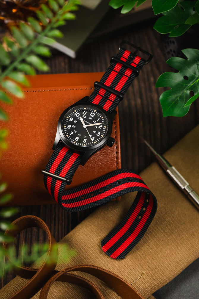 Nylon Watch Strap in BLACK / RED Stripes with PVD Buckle & Keepers