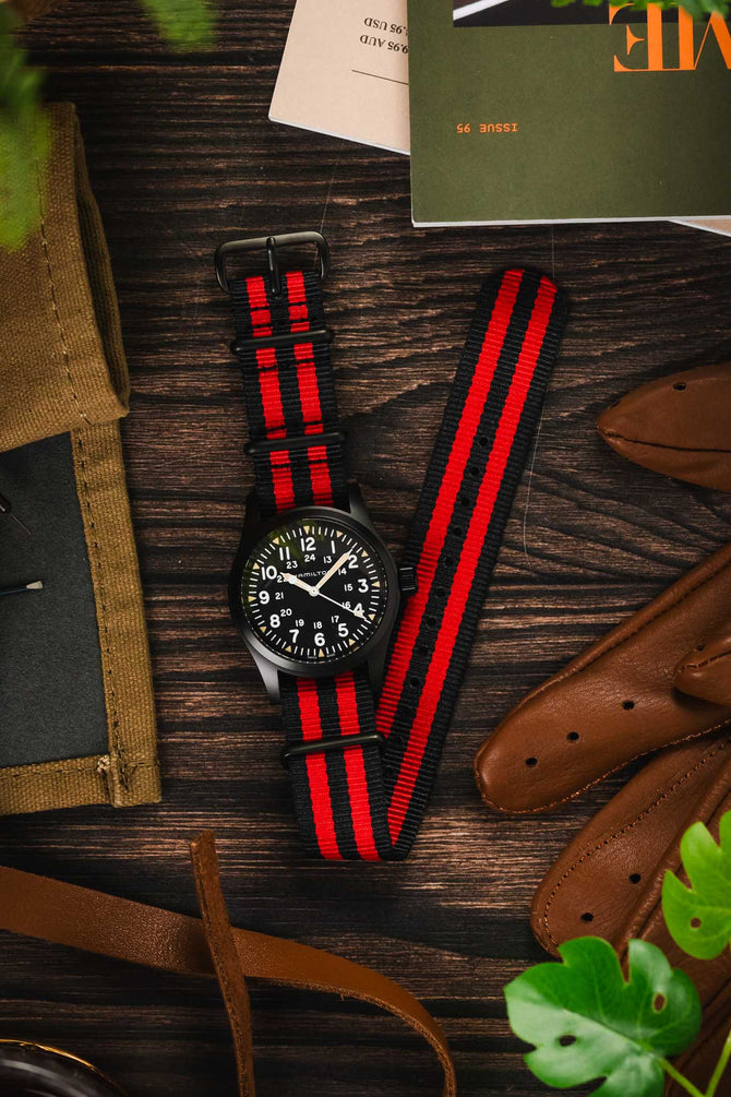Nylon Watch Strap in BLACK / RED Stripes with PVD Buckle & Keepers