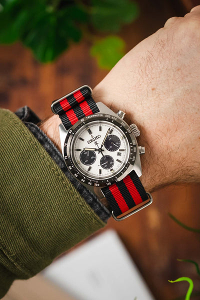 Nylon Watch Strap in BLACK / RED Stripes with Polished Buckle & Keepers