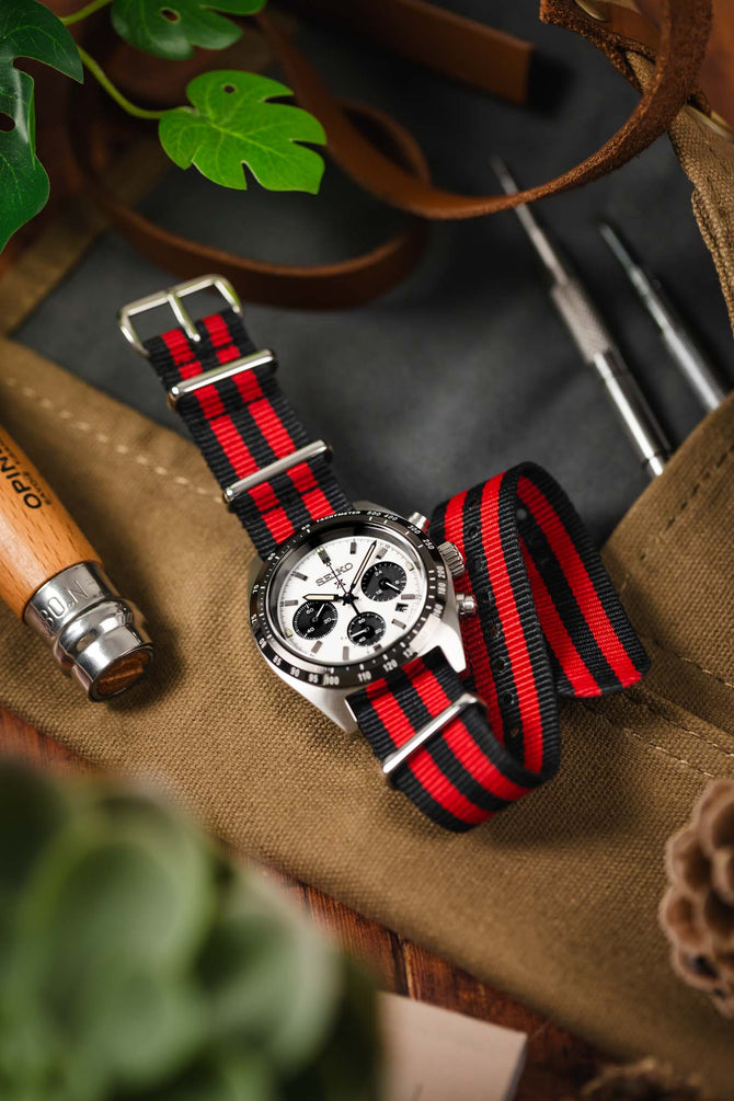 Nylon Watch Strap in BLACK / RED Stripes with Polished Buckle & Keepers
