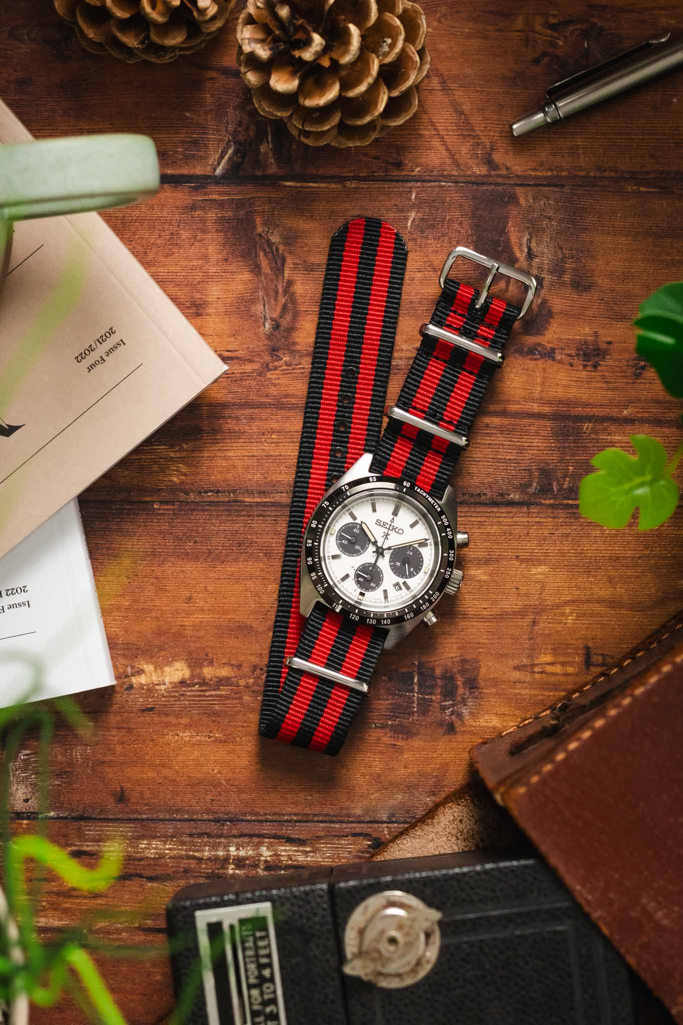 Nylon Watch Straps BLACK RED Stripes Polished Buckle Keeper
