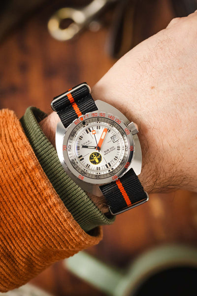 Nylon Watch Strap in BLACK with Single ORANGE Stripe