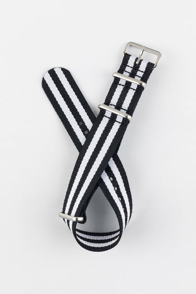 Nylon Watch Strap in BLACK with WHITE Stripes