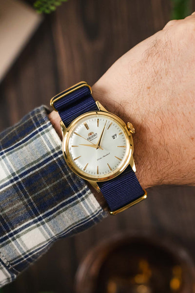 Nylon Watch Strap in BLUE with Gold Buckle and Keepers