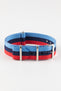 Nylon Watch Strap in BLUE / NAVY / RED Motorsport Stripes with Polished Buckle & Keepers