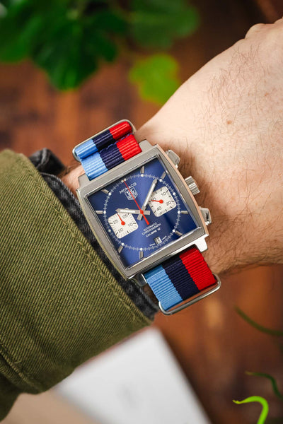 Nylon Watch Strap in BLUE / NAVY / RED Motorsport Stripes with Polished Buckle & Keepers