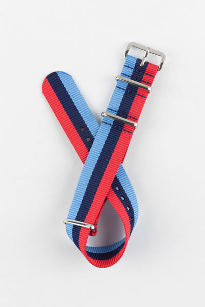 Nylon Watch Strap in BLUE / NAVY / RED Motorsport Stripes with Polished Buckle & Keepers