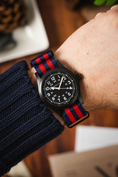 Nylon Watch Strap in BLUE / RED Stripes with PVD Buckle & Keepers