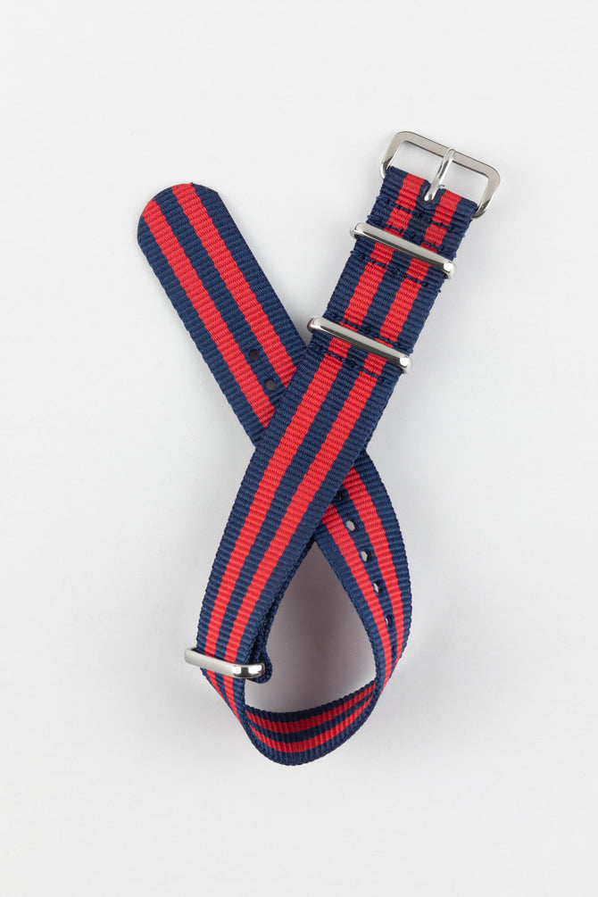 Nylon Watch Strap in BLUE / RED Stripes with Polished Buckle & Keepers