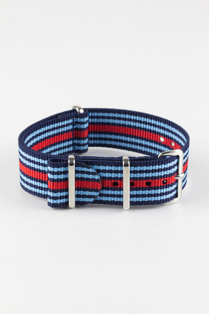 Nylon Watch Strap in BLUE / RED Motorsport Stripes with Polished Buckle & Keepers