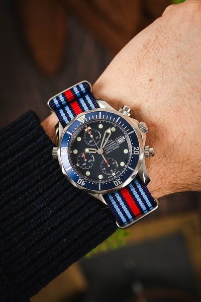 Nylon Watch Strap in BLUE / RED Motorsport Stripes with Polished Buckle & Keepers