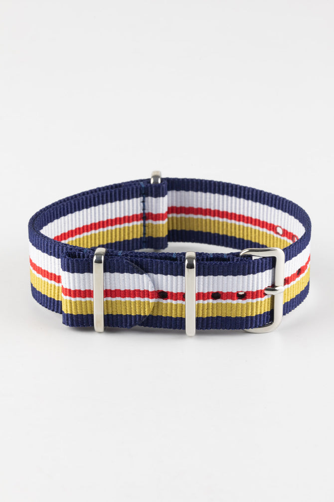 Nylon Watch Strap in BLUE / WHITE / RED / YELLOW Motorsport Stripes with Polished Buckle & Keepers