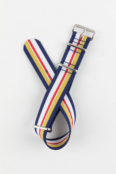 Nylon Watch Strap in BLUE / WHITE / RED / YELLOW Motorsport Stripes with Polished Buckle & Keepers