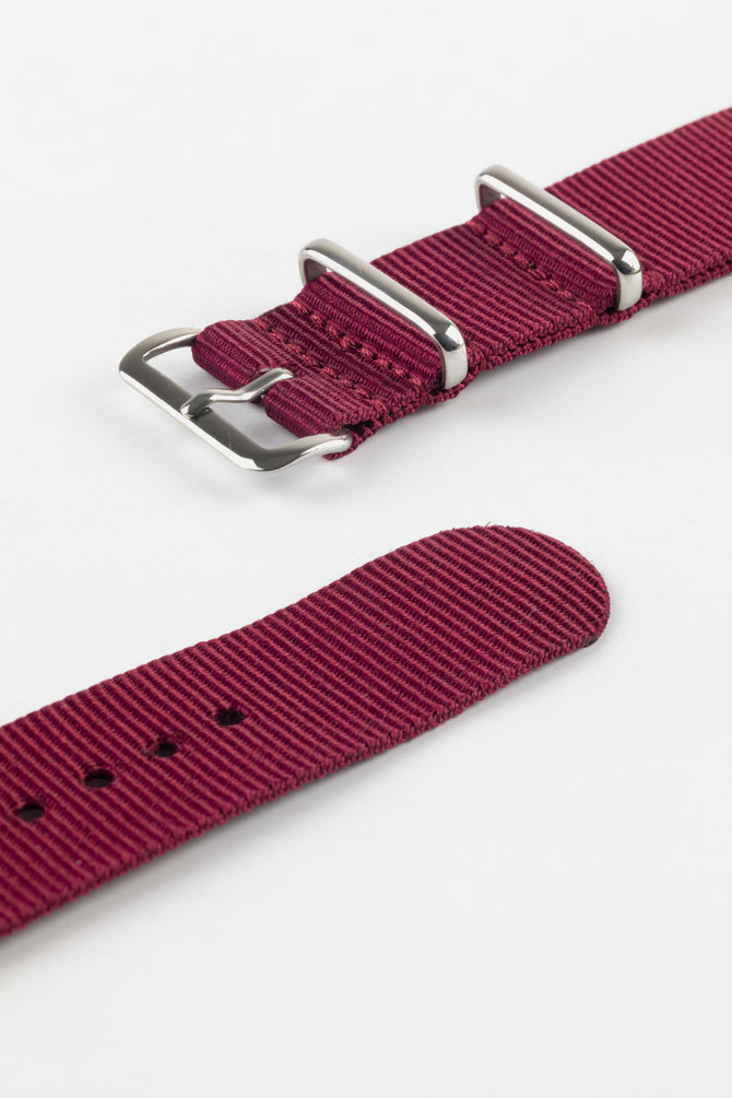 Nylon Watch Strap in BURGUNDY with Polished Buckle and Keepers