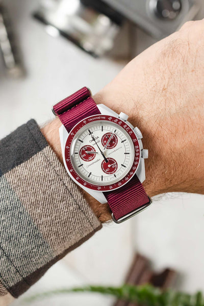 Nylon Watch Strap in BURGUNDY with Polished Buckle and Keepers