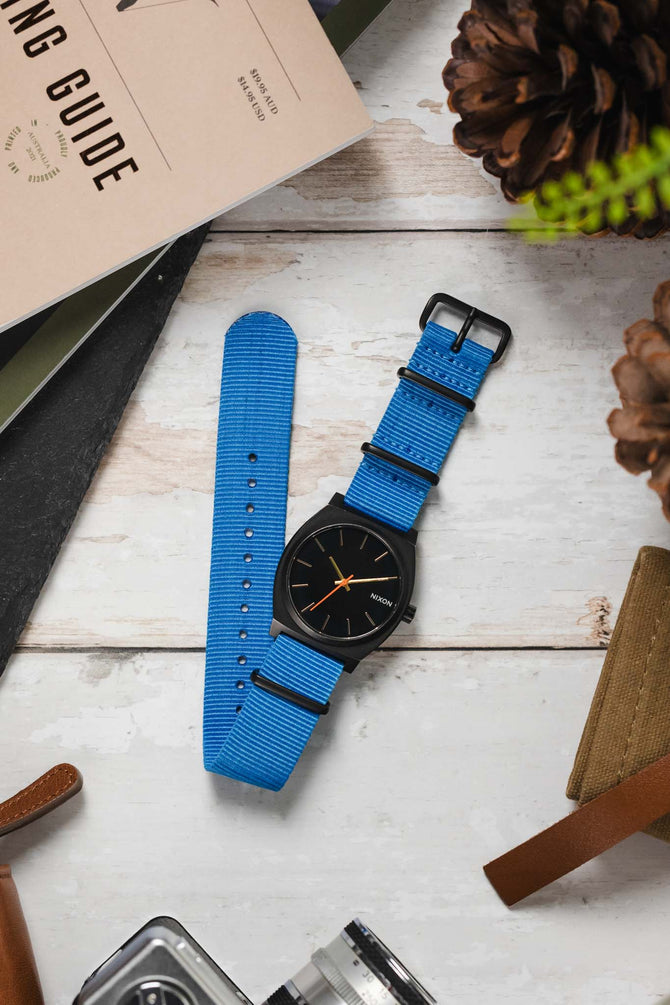 Nylon Watch Strap in CAPRI BLUE with Black PVD Buckle and Keepers