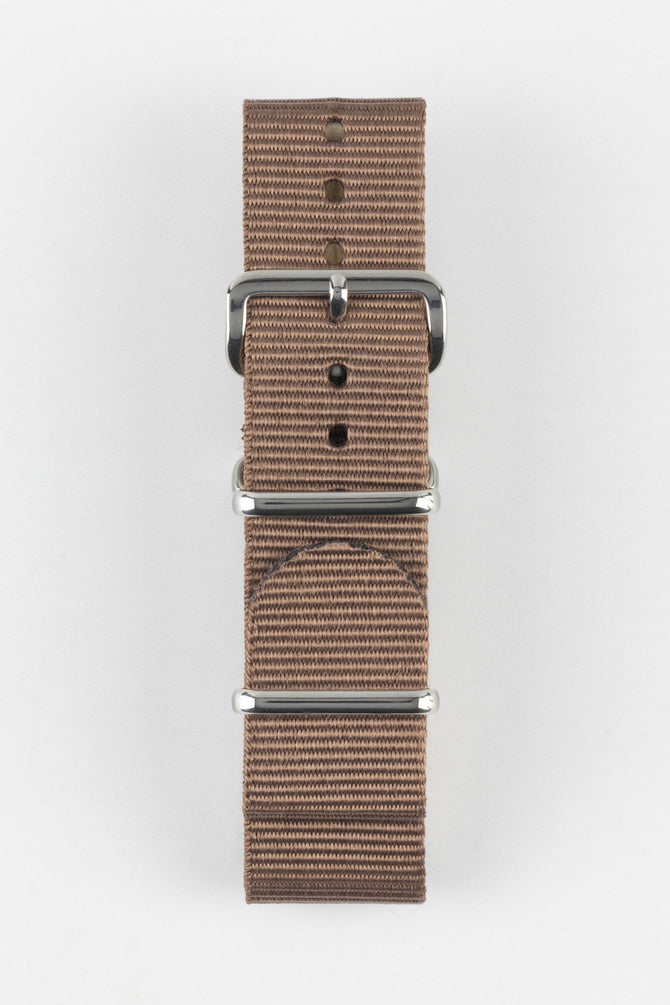 Nylon Watch Strap in COFFEE BROWN with Polished Buckle and Keepers