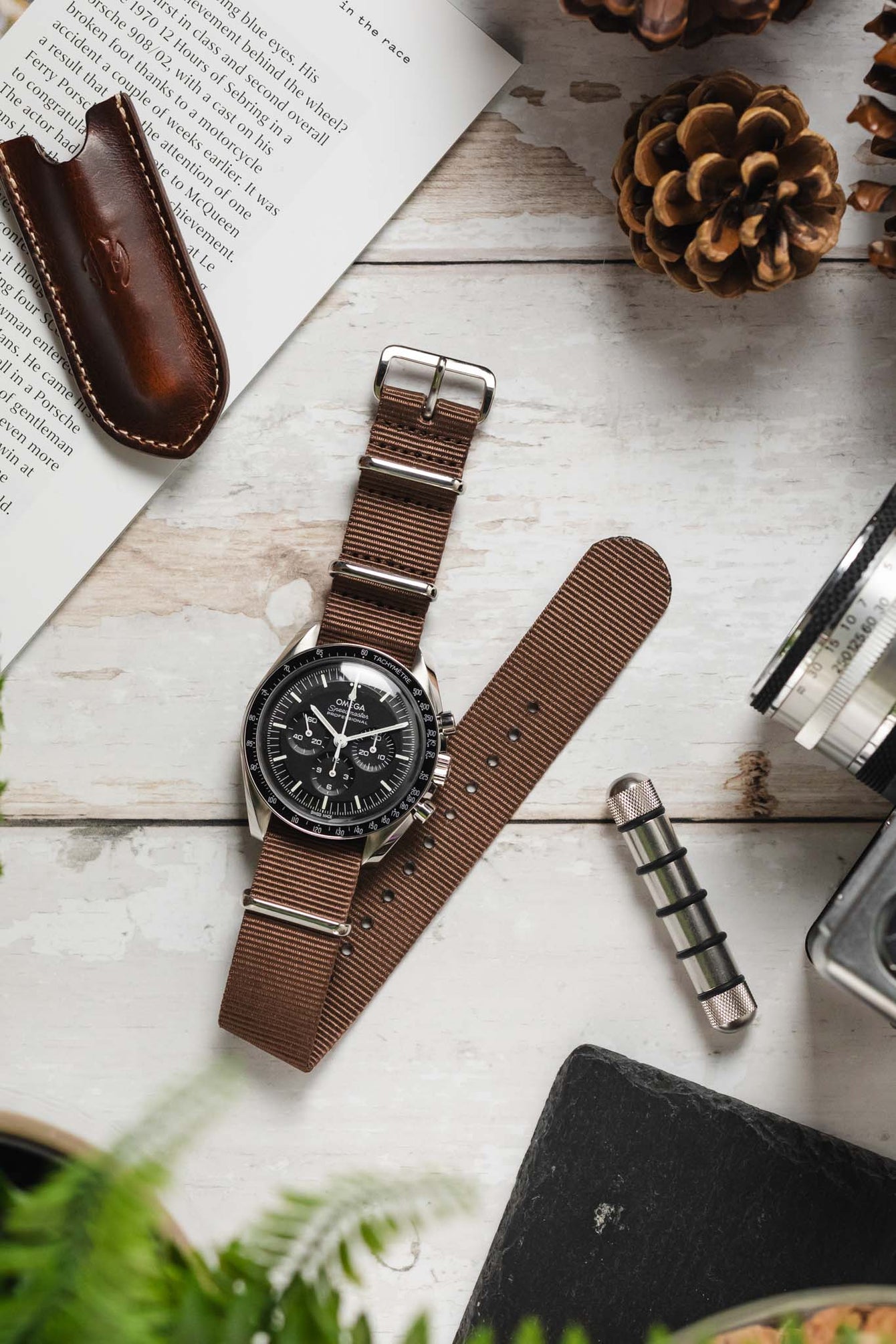 Nylon Watch Strap in COFFEE BROWN with Polished Buckle and Keepers
